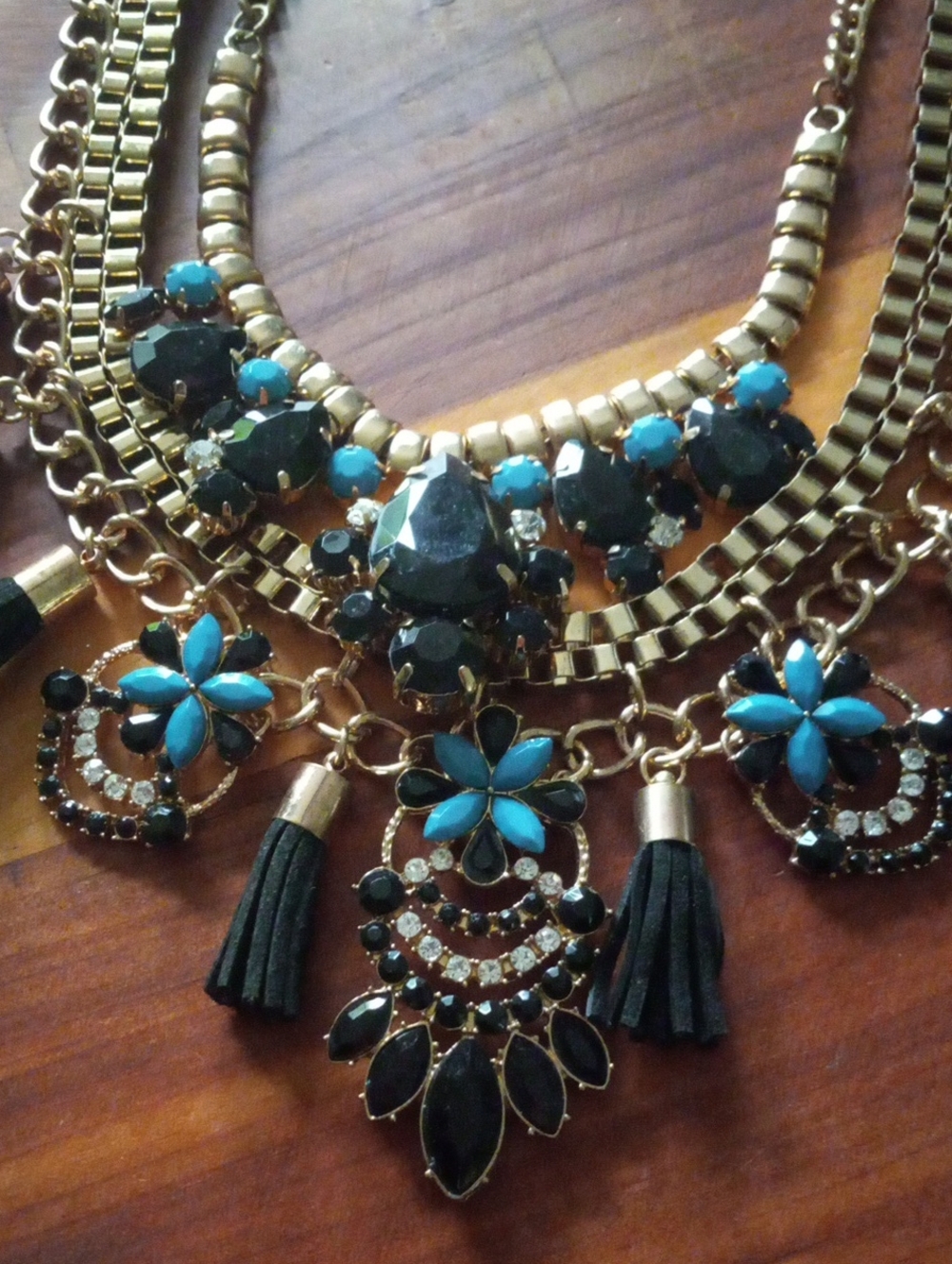 Turquoise & Black Acrylic Beaded Multi-Strand Tassel Statement Necklace